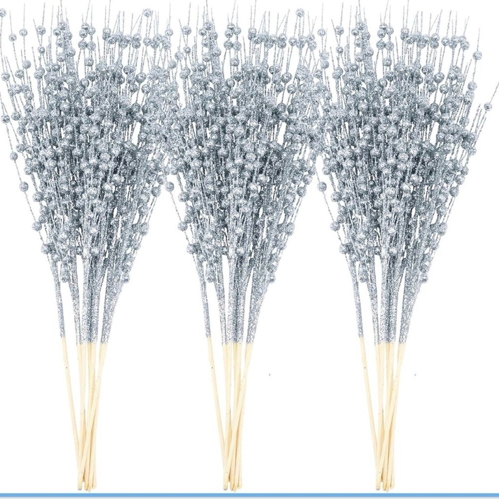 20 Pack Silver Artificial Glitter Berry Stems for Christmas Tree Decoration &...